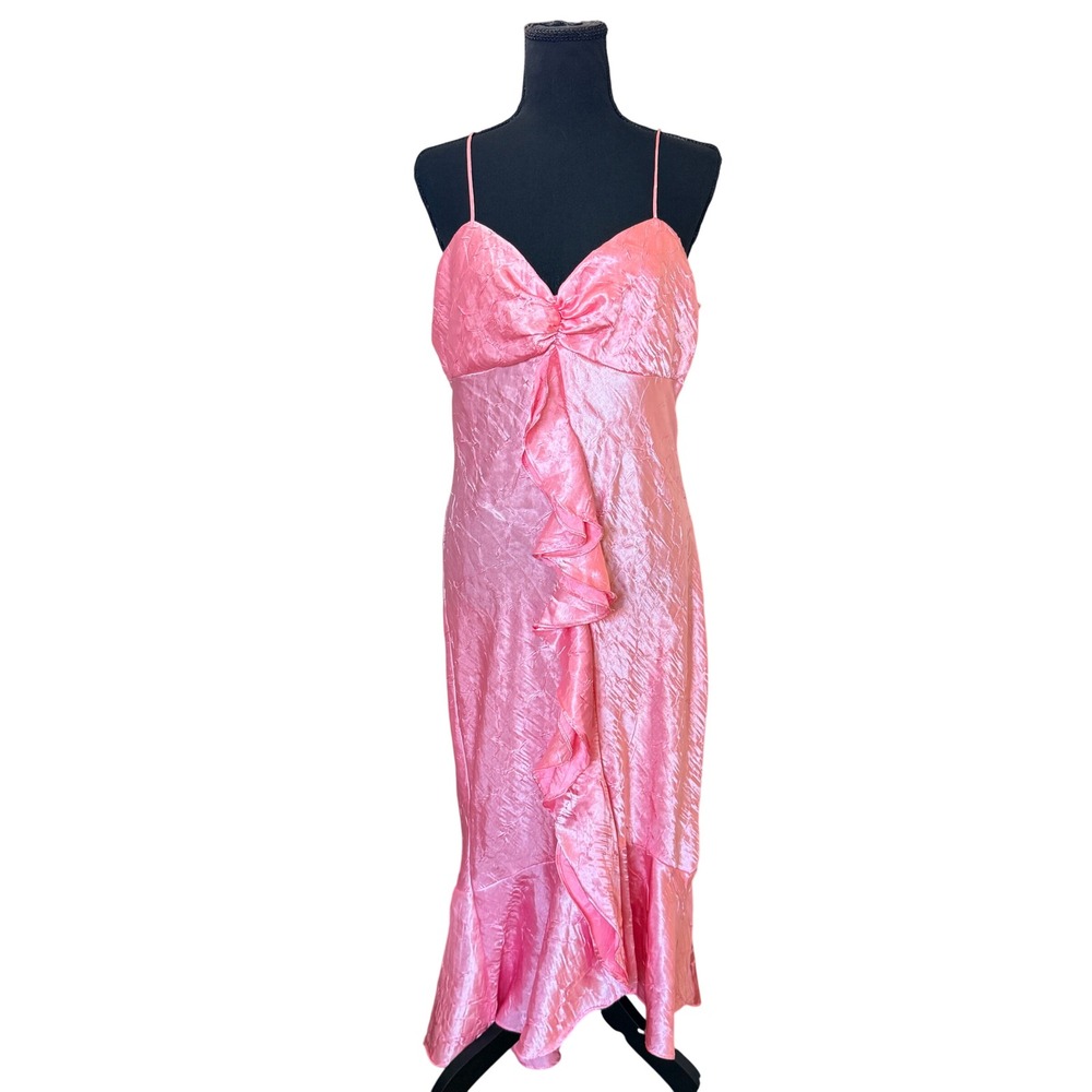 Vintage Pink Crinkle Satin Ruffle Front Mermaid Slip Dress V-Neck‎ Size M Prom